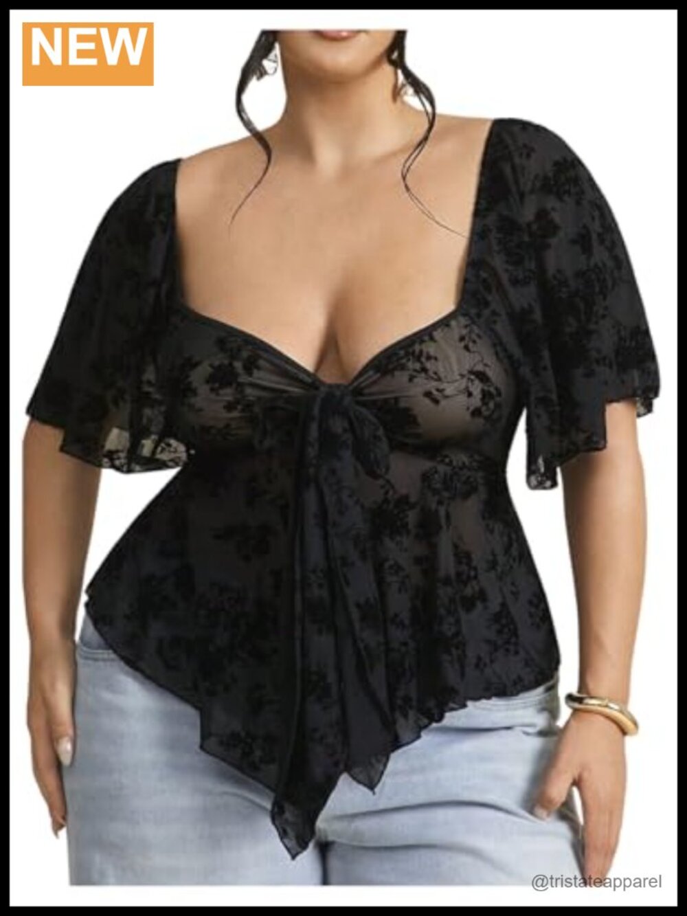 Plus Size Floral Mesh Peplum Blouse Short Sleeve Tie Front Babydoll Top